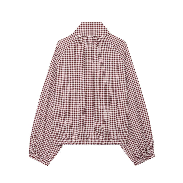 Dam Kort Skärning Checked Skjortjacka med Stå Krage, Raglan Ärmar och Drawstring