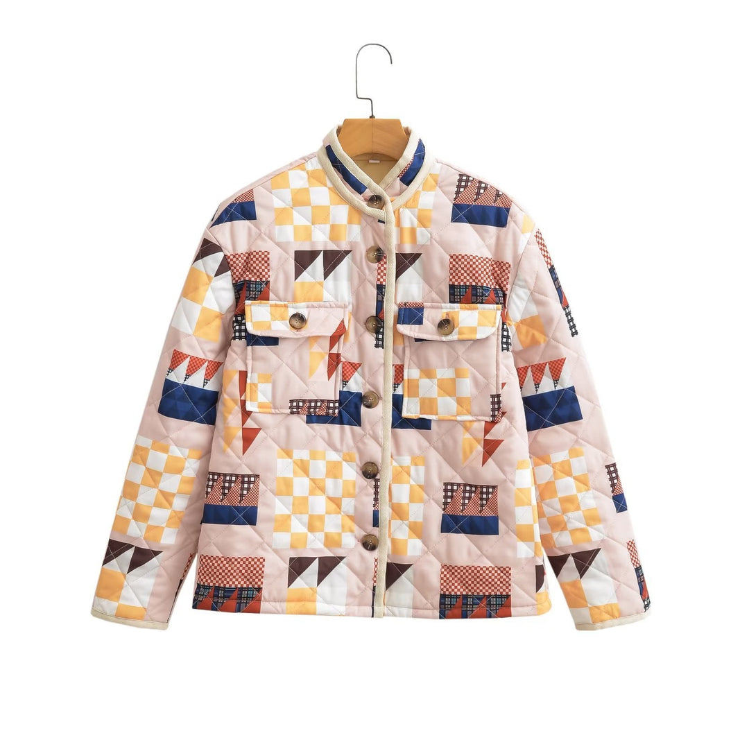 Dam quiltad patchwork jacka med ståkrage och flap fickor