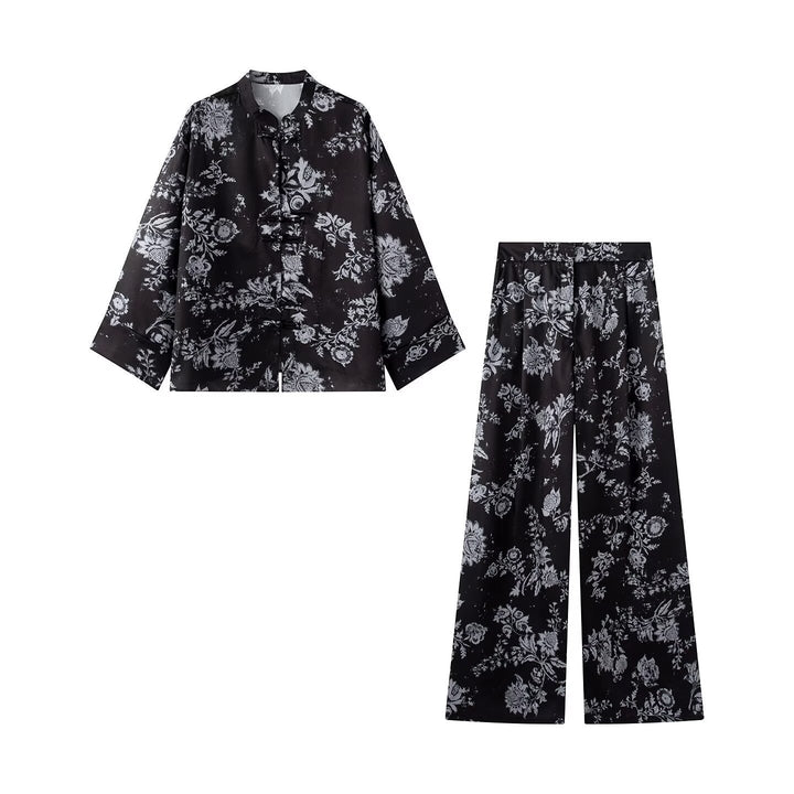 Dam Brocade Jacka med Mandarin Krage, Knot Closures och Wide Kimono Ärmar
