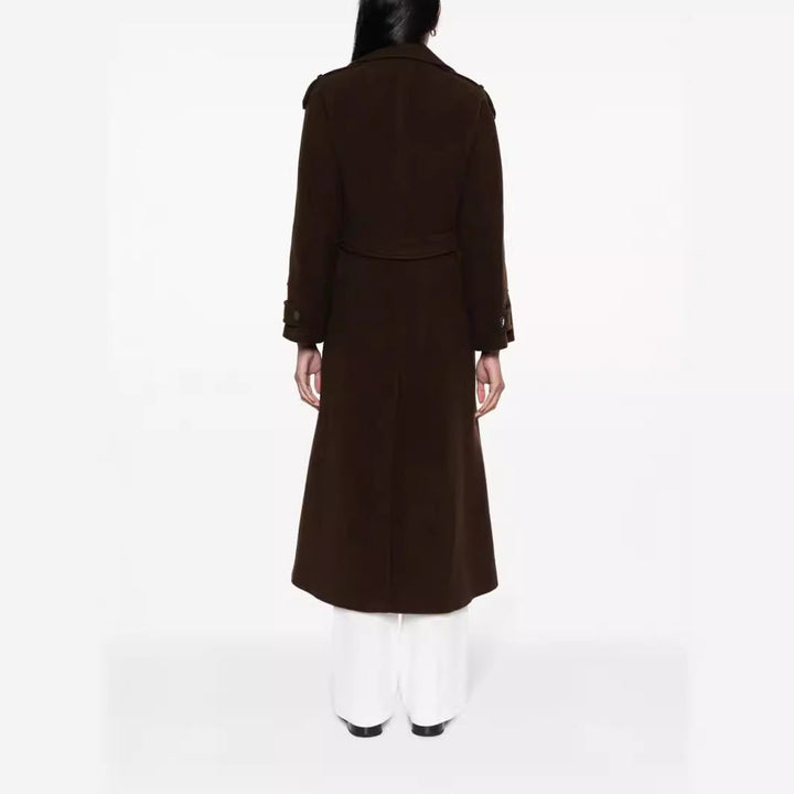 Dam Floor-Length Double-Breasted trenchcoat gjord ullblandning med Shoulder Patches och dold midjebälte