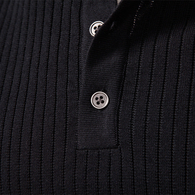 Herr Ribbad Lång-Ärm Henley Pullover med Ståkrage, Fin Rib Stickad och Smal Passform