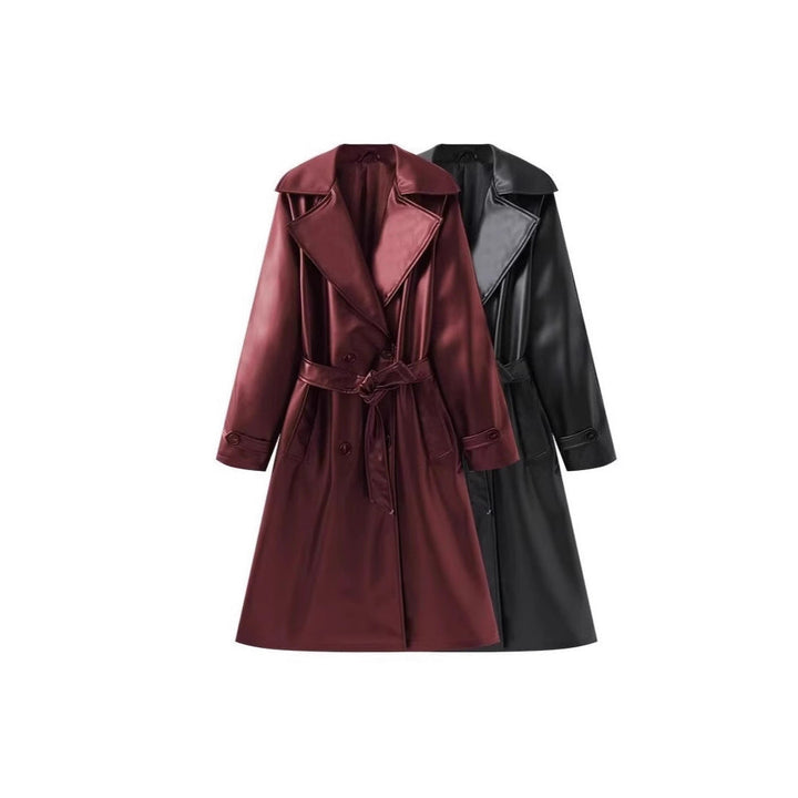 Dam Lång Shiny Trenchcoat Övergångsjacka i Läder Look med Midjebälte