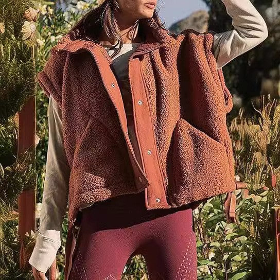 Dam oversize teddy fleece väst med huva och tryckknappar