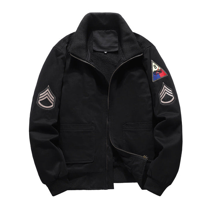 Herr Flight Jacka med Sherpa Foder, Embroidered Patch Detaljer, och Ribbad Fåll