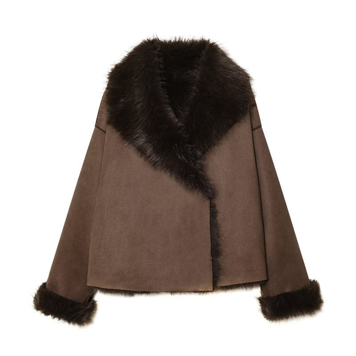 Dam Kort Lambskin Imitation Jacka med Stora Shawl Krage och Fur Kant