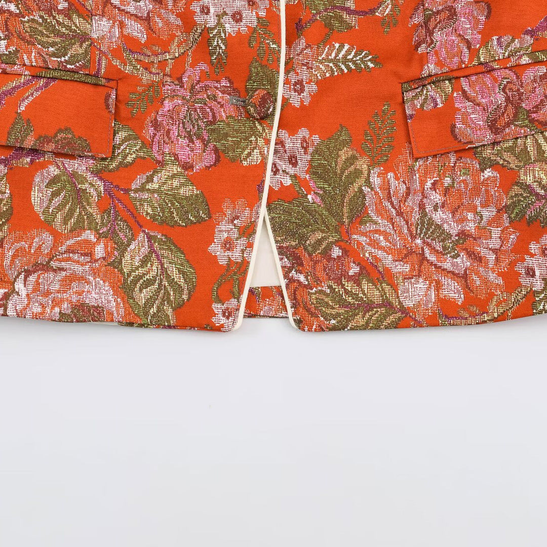 Dam Kort Jacquard Blazer Jacka med Blommig Mönster och Stå Krage