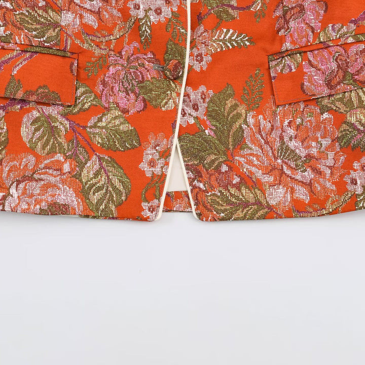 Dam Kort Jacquard Blazer Jacka med Blommig Mönster och Stå Krage