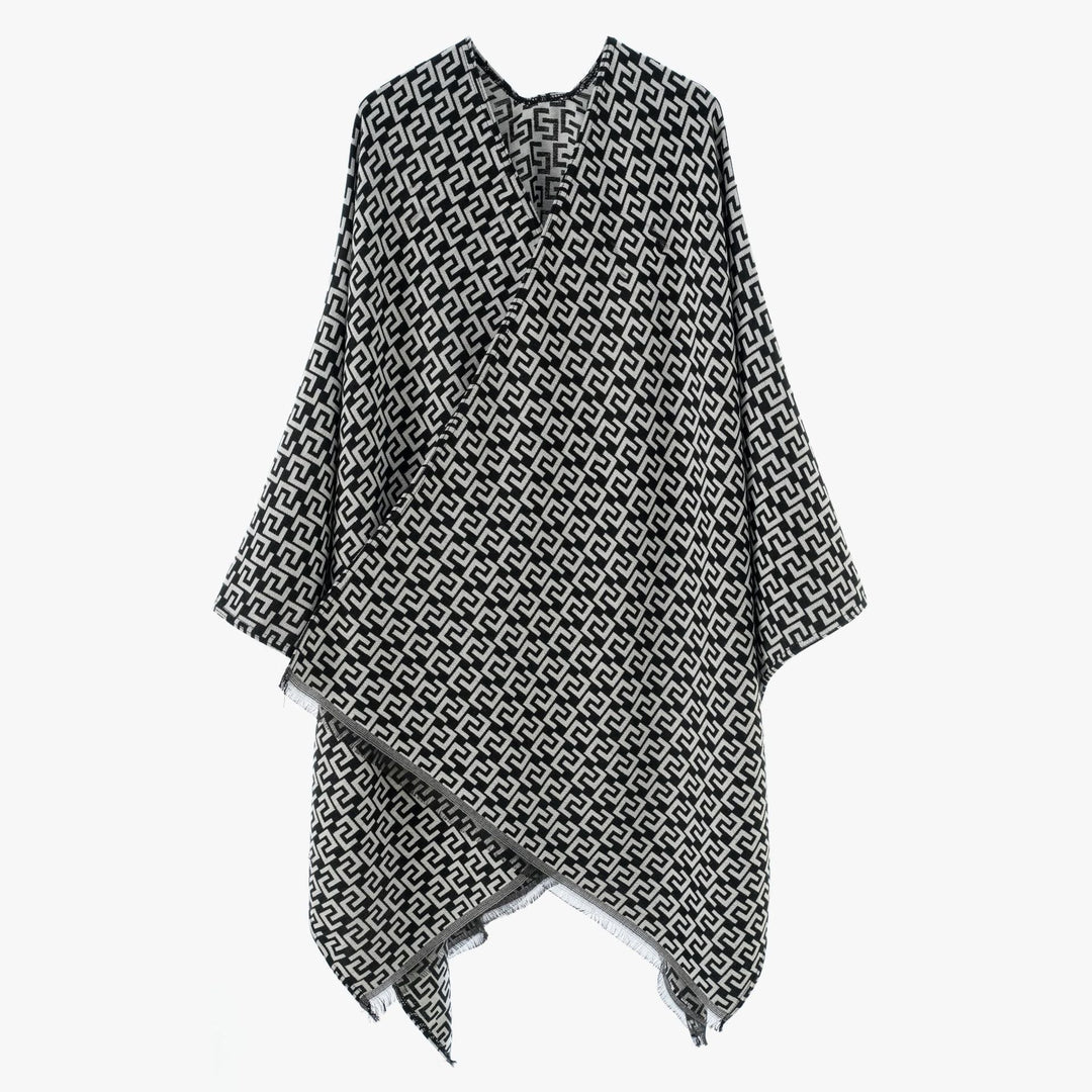 Dam Open Jacquard poncho i kimono skärning med Geometric Allover mönster