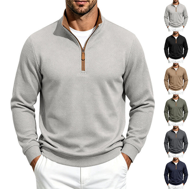 Herr Halv Dragkedja Pullover med Waffle Texture och Contrast Krage