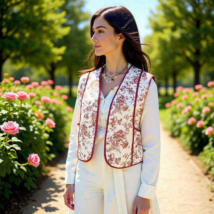Dam kviltad Gilet in Country House stil med blommig Toile look och fickor