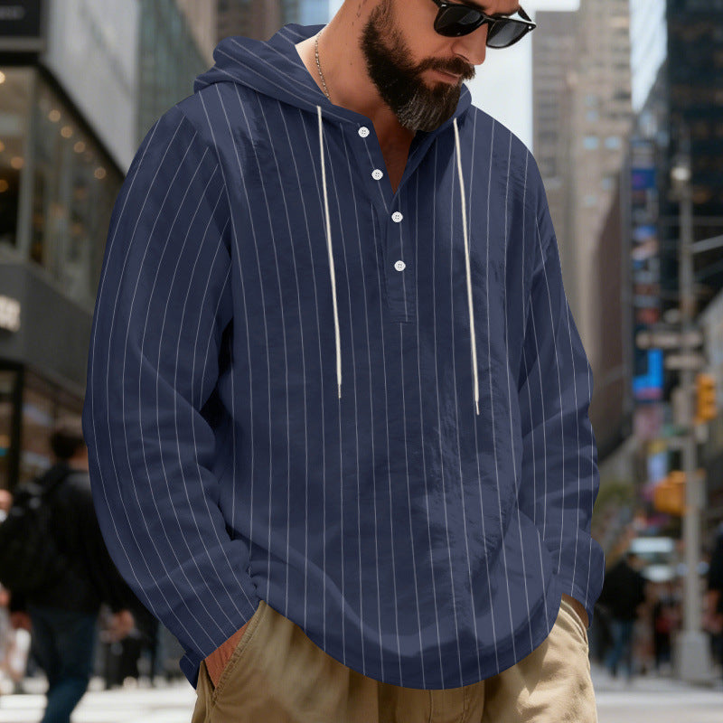 Herr Lätt Luvtröja Henley Skjorta med Fin Pinstripes