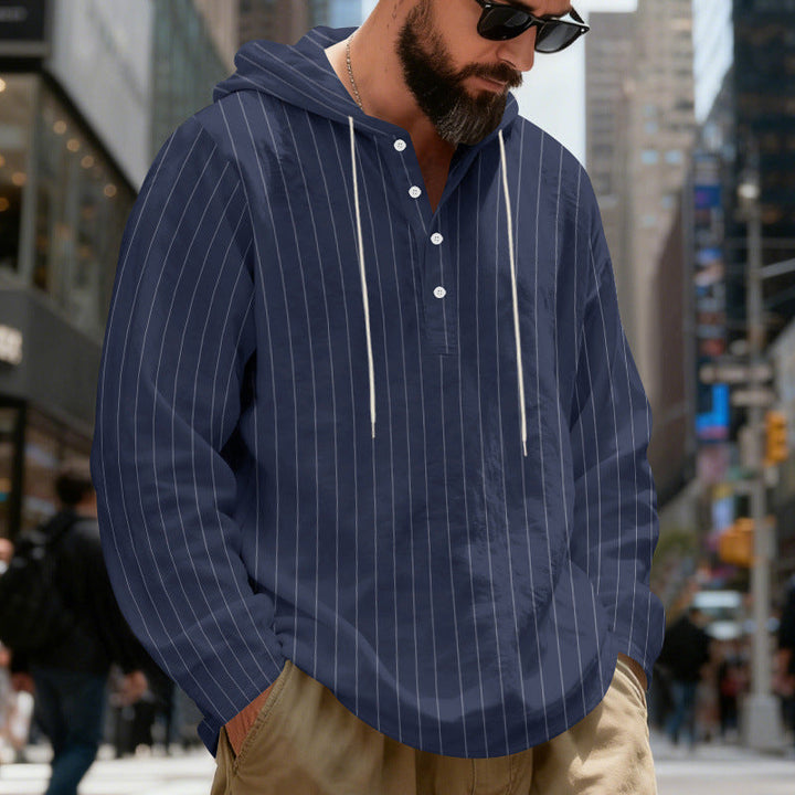 Herr Lätt Luvtröja Henley Skjorta med Fin Pinstripes