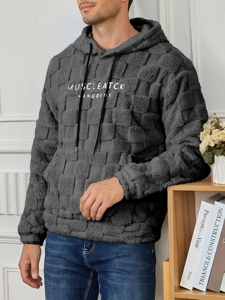Herr Fluffy Sherpa Luvtröja med Square Quilting Mönster, Känguruficka och Adjustable Huva