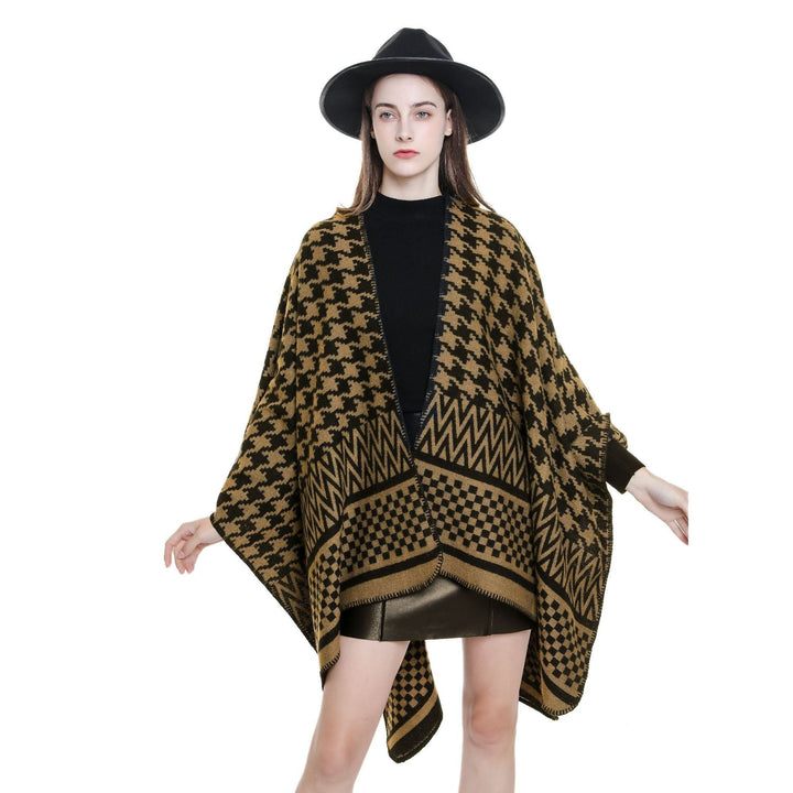 Dam Jacquard capeponcho med Houndstooth och Geometric mönster