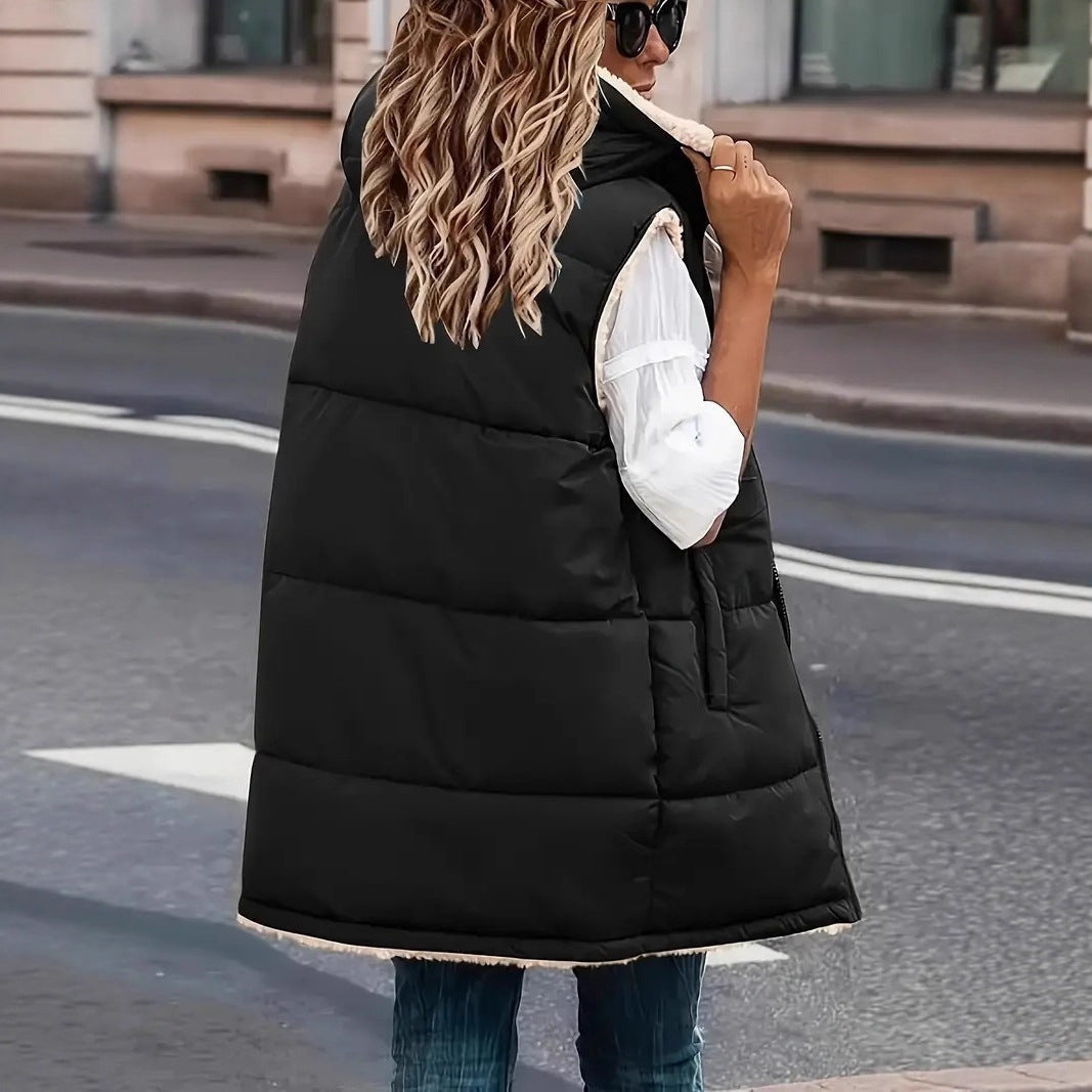Dam vadderad Hooded väst med Teddy foder och sidofickor