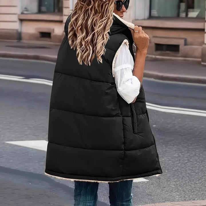 Dam vadderad Hooded väst med Teddy foder och sidofickor