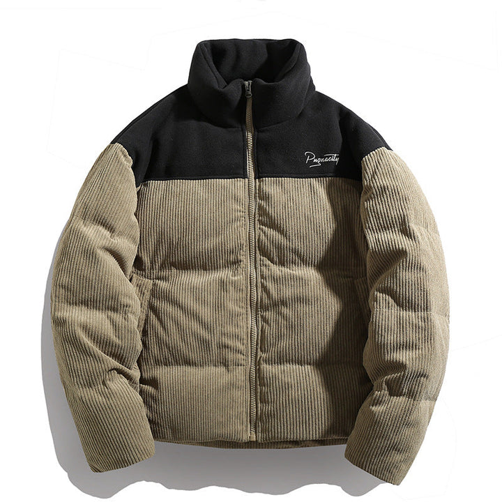 Unisex Vadderad Corduroy Quiltad Jacka med Hög Stå Krage och Contrast Top