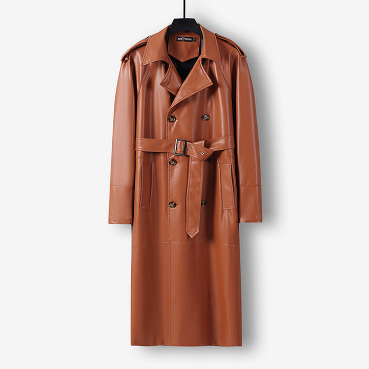 Herr Lång Läderimitation Trench Kappa med Dubbel Breasted, Belted Midja och Axelklaffar