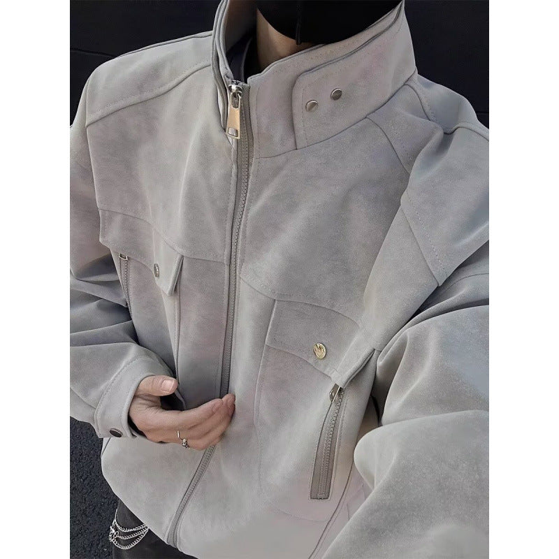 Herr Oversized Suede-Look Utilityjacka med Hög Ståkrage