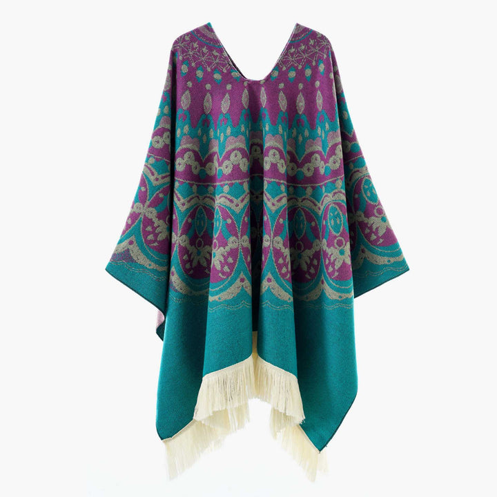 Dam Woven Jacquard poncho med V-Neck, Ethno tryck och Fringes