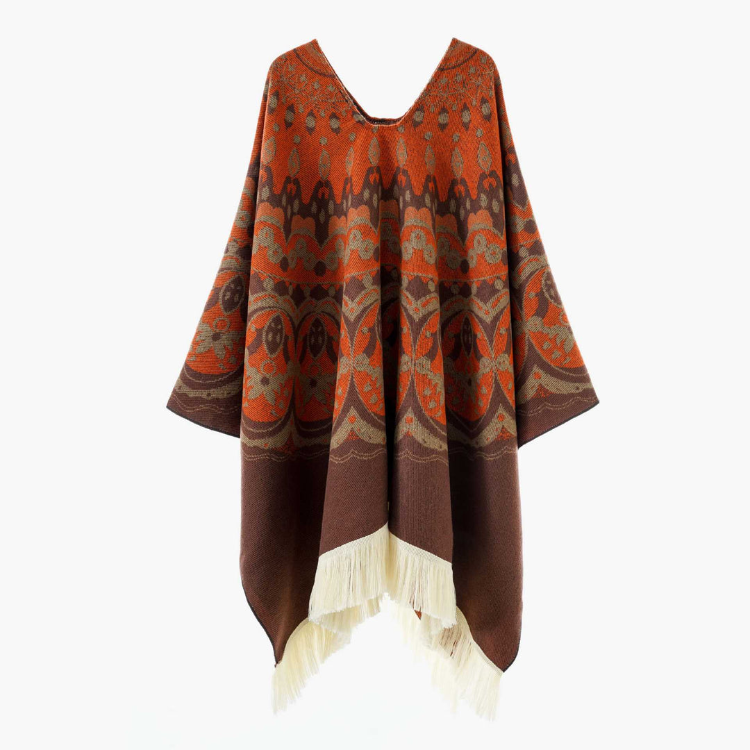 Dam Woven Jacquard poncho med V-Neck, Ethno tryck och Fringes