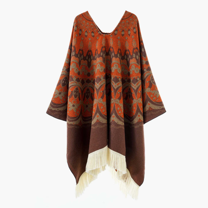 Dam Woven Jacquard poncho med V-Neck, Ethno tryck och Fringes