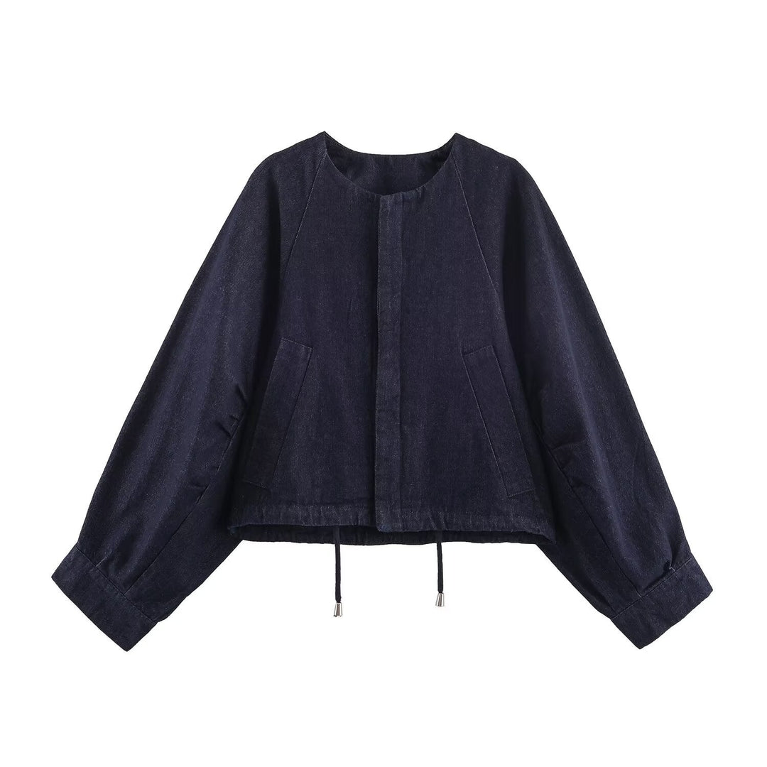 Dam Oversize Kort Denimjacka med Drawstring, Raglan Ärmar, och Dold Knapp Knäppning