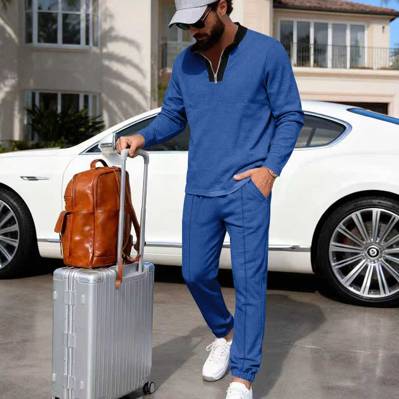 Herr Lätt Henley Loungewear Set med Contrast Krage, Dragsko Joggingbyxor och Elastiska Muddar