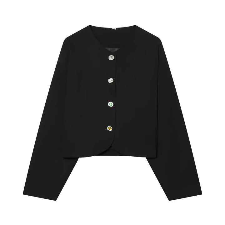 Dam kort Boxy jacka med dekorativ knappar och Round Neckline