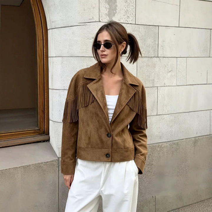 Dam Kort Suede Look Fringed Jacka i Kort Boxig Skärning