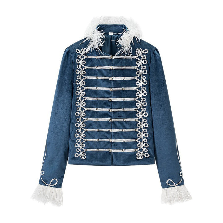 Dam sammet Military jacka med Feather Trim och dekorativ Piping