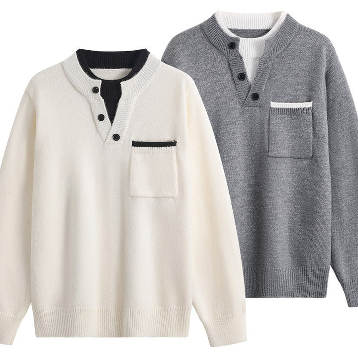 Herr Fin Stickad Henley Tröja med Knapplist, Bröstficka &amp; Contrast Krage
