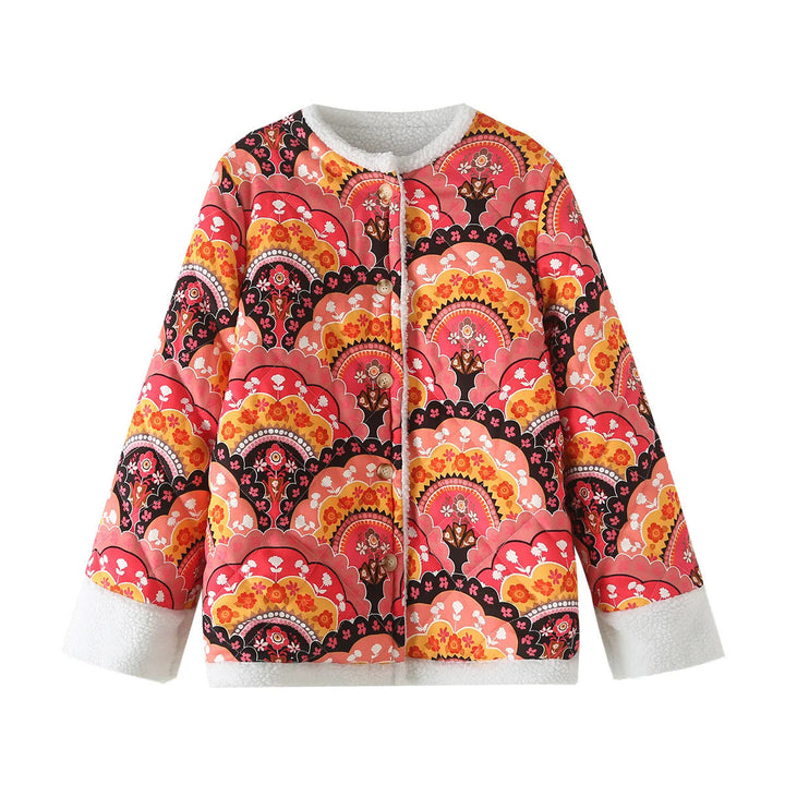 Dam quiltad kort jacka med teddy foder, rund hals och button closure
