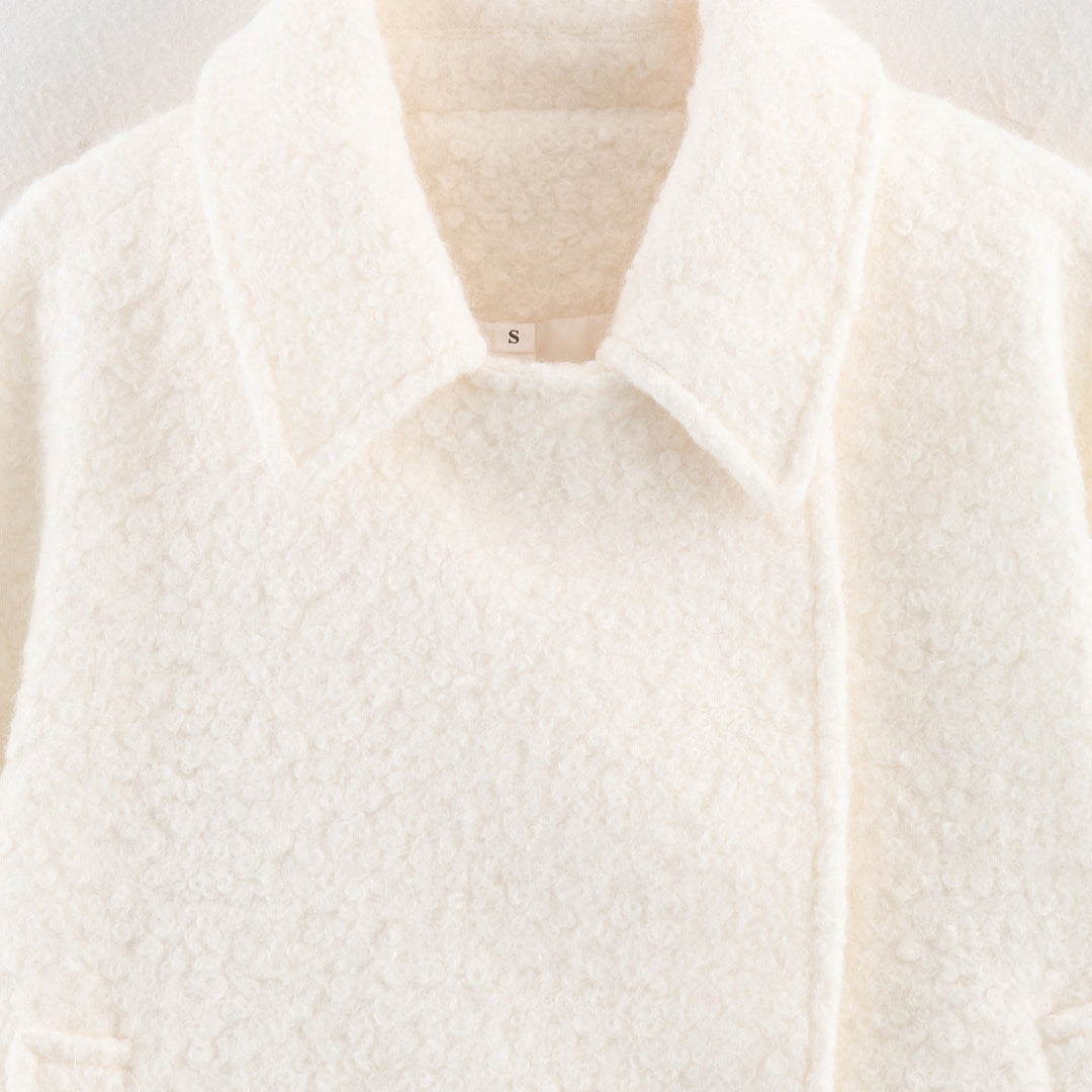 Dam Boxy Boucle Double-Breasted kappa med skjortkrage och Flap fickor