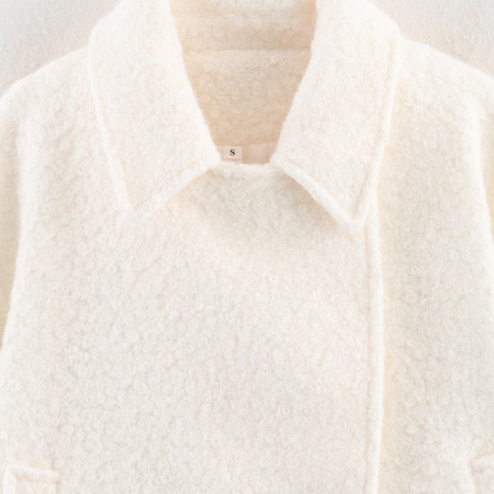 Dam Boxy Boucle Double-Breasted kappa med skjortkrage och Flap fickor