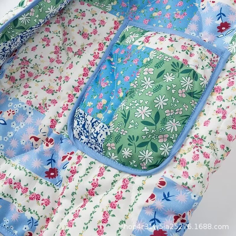 Dam kviltad jacka in patchwork stil med shawl krage och utanpåfickor