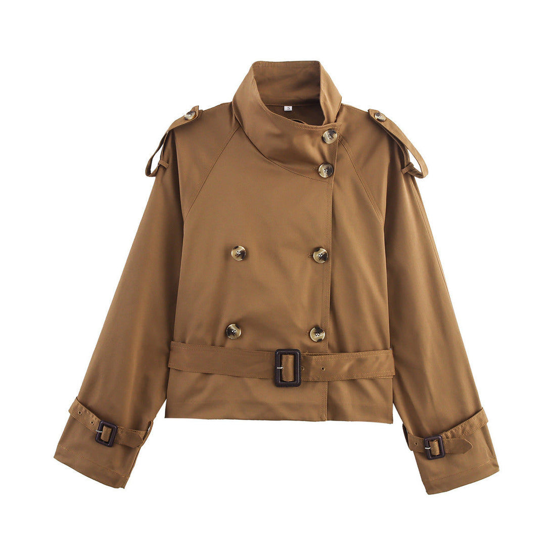 Dam kort Double-Breasted trench Blouson med hög ståkrage, Shoulder Tabs, och midjebälte