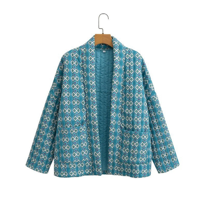 Dam mönstrad kviltad Kimono jacka med utanpåfickor