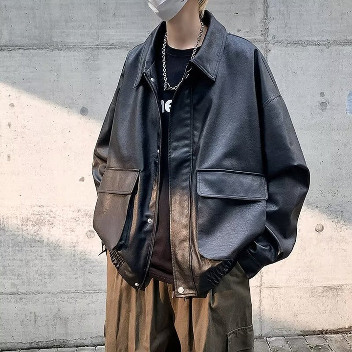 Herr Boxy Överskjorta i Läder Look med Skjorta Krage och Patch Breast Fickor