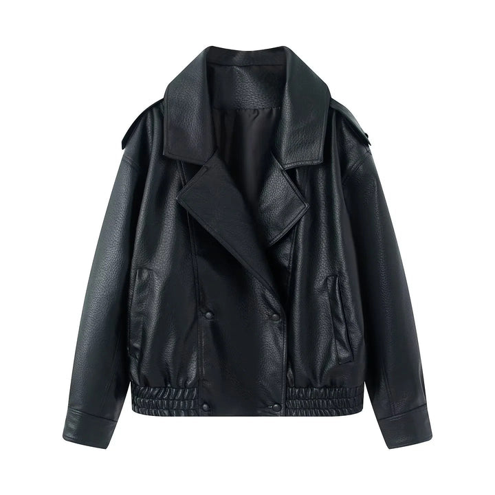 Dam cropped double-breasted konstläder blouson med bred krage och elastisk fåll