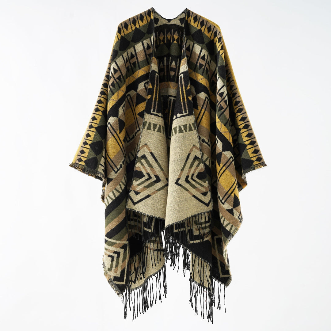 Dam Woven Fringe poncho med Ethno-Jacquard och oversized Drop