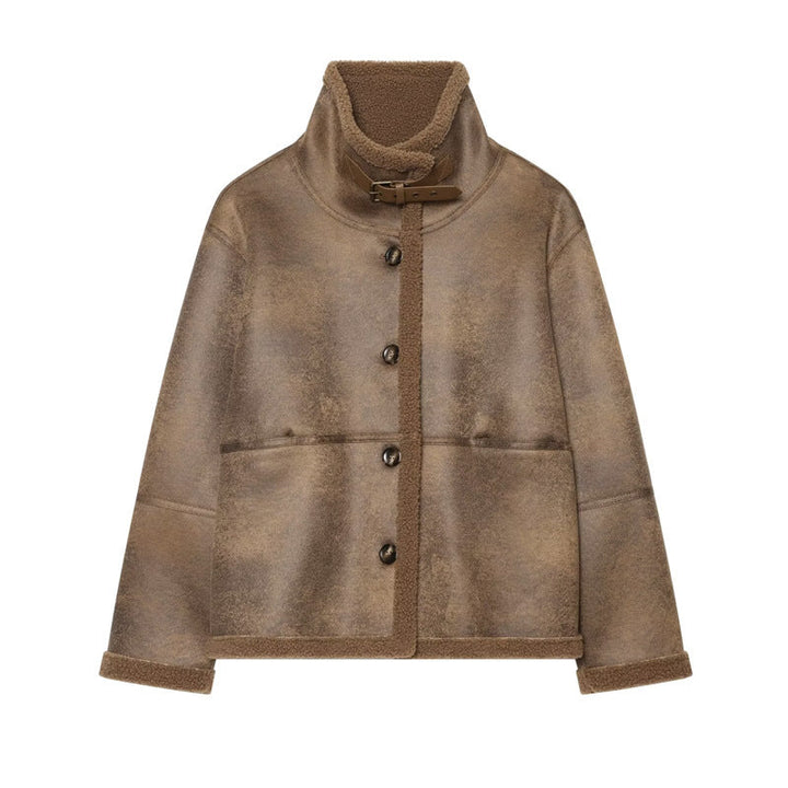 Dam Kort Jacka i Lambskin Look med Ståkrage, Knapp och Buckle Stängning