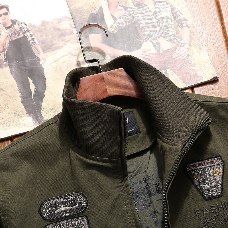 Herr Canvas Pilot Jacka med Embroidered Patches, Flera Fickor, och Ribbad Muddar