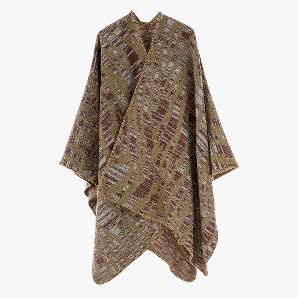 Dam Rectangular Ruana-Overlay med Extravagant Animal-Jacquard och Open Draping