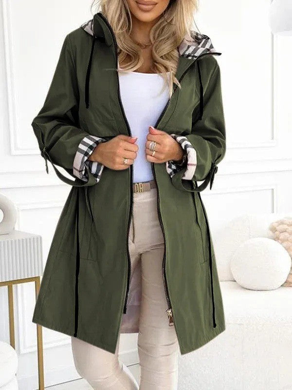 Dam figursydd regn parka med huva rutig lined inner krage och drawstring