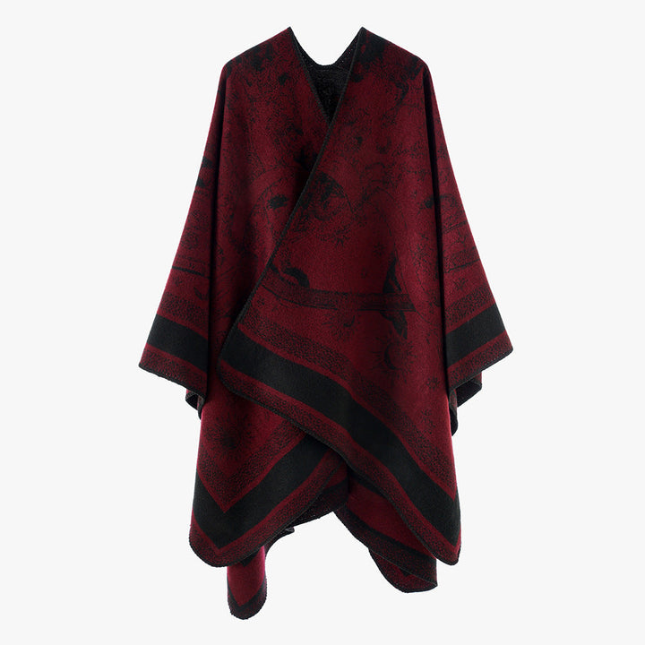 Dam Jacquard capeponcho med double-sided weave structure och V-neck