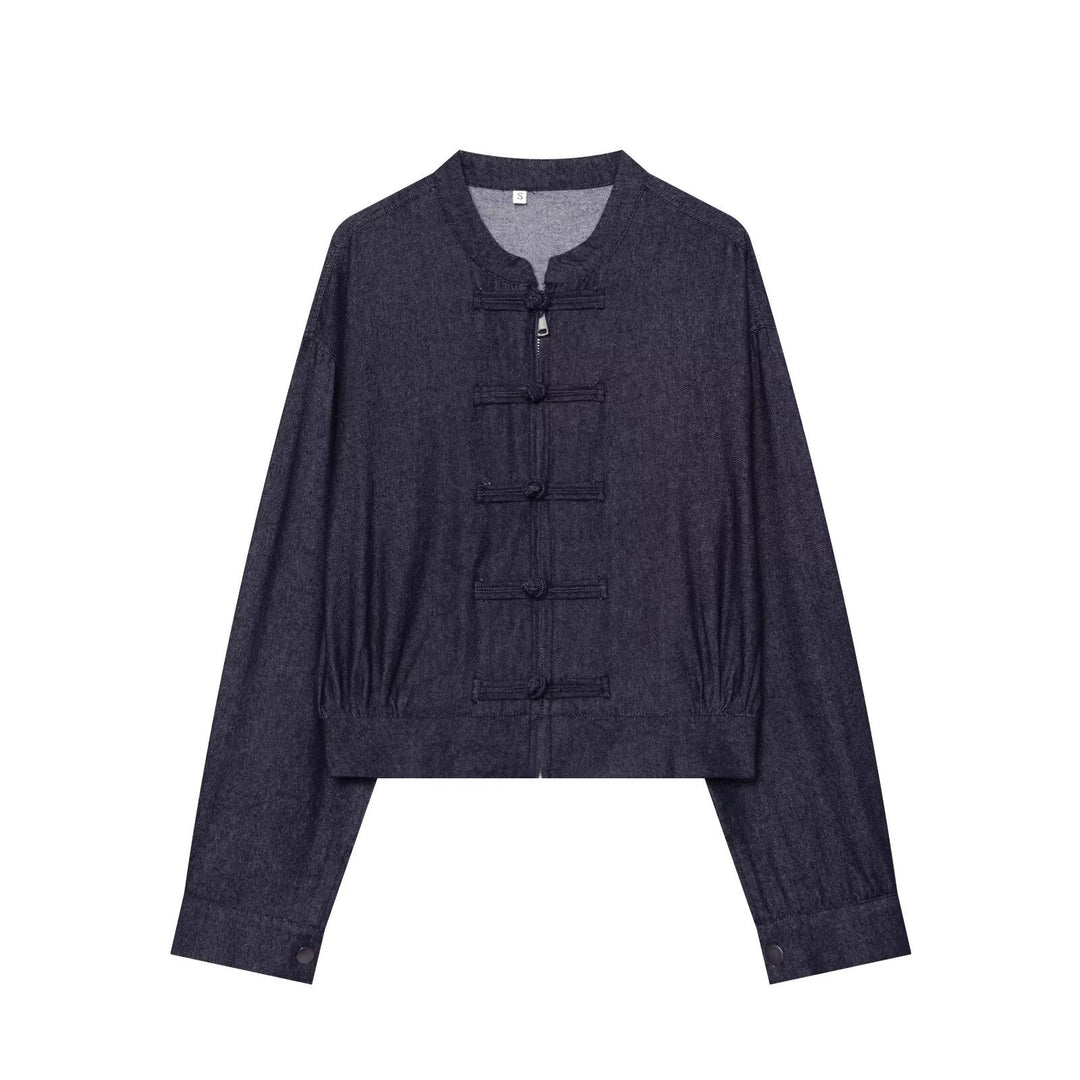 Dam Kort Blouson i China Stil med Stå Krage och Dekorativ Knot