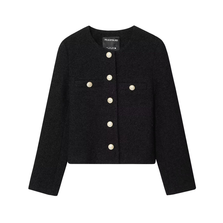 Dam 80+ Kort Skärning Boucléjacka med Round Neck, Golden Dekorativ Knappar och Lock Fickor