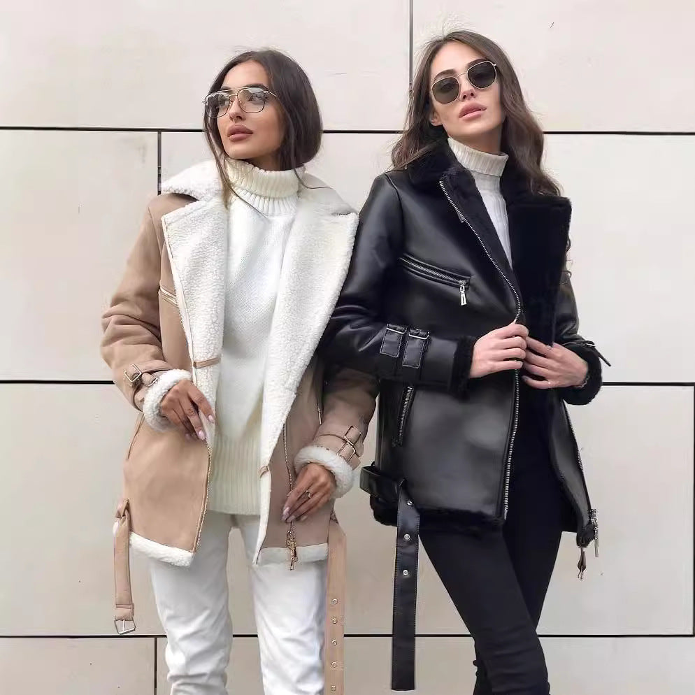 Dam oversize konstläder Pilot jacka med teddy Fur foder och Buckles