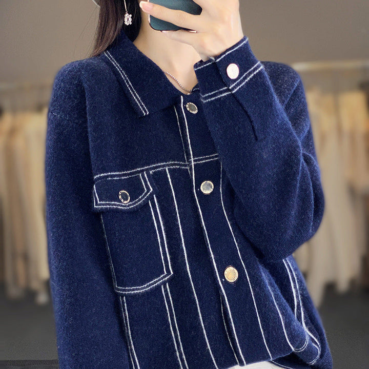 Dam oversize Knit jacka in denimjacka look med kontrasterande Seam detaljer och Chest ficka